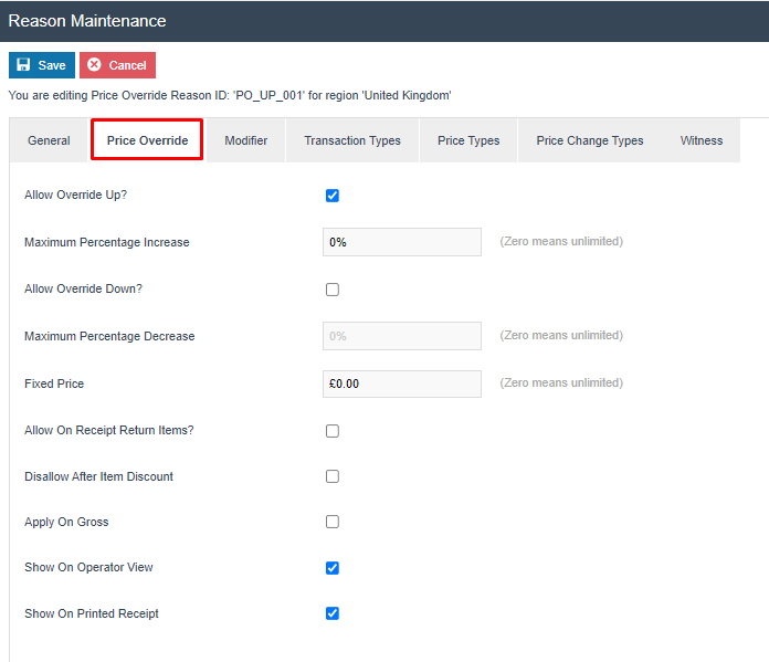 Reason Maintenance Price Override tab for PO_UP_001. Allow Override Up is checked, Maximum Percentage Increase is 0%, Show On Operator View and Show On Printed Receipt are checked.