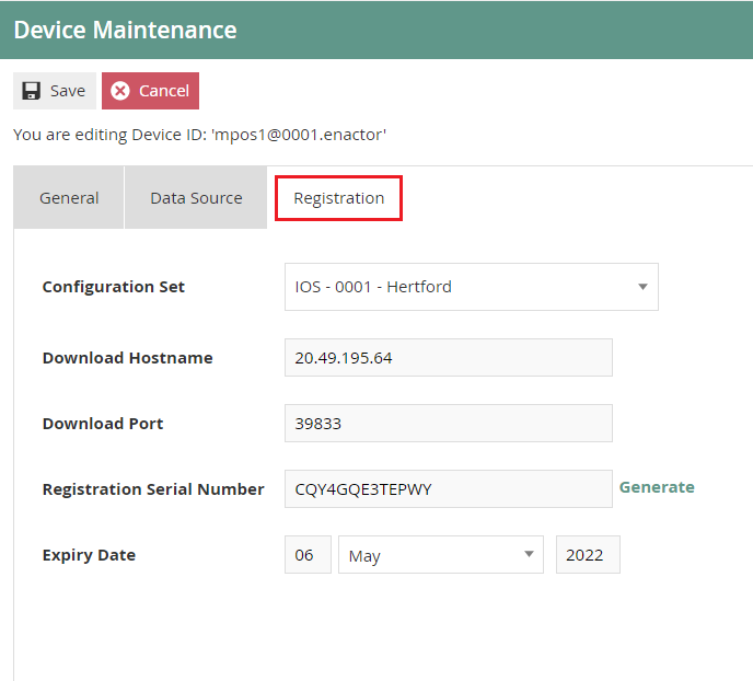 Device Maintenance editor on the Registration tab showing configuration set, download host, port, serial number, and expiry date fields