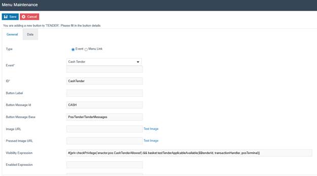 Menu Maintenance button General tab. Event is set to Cash Tender, ID is CashTender, and Button Message Id is CASH.