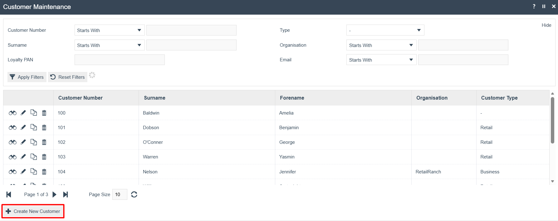 Customer Maintenance list showing existing customer records. Create New Customer button is highlighted.