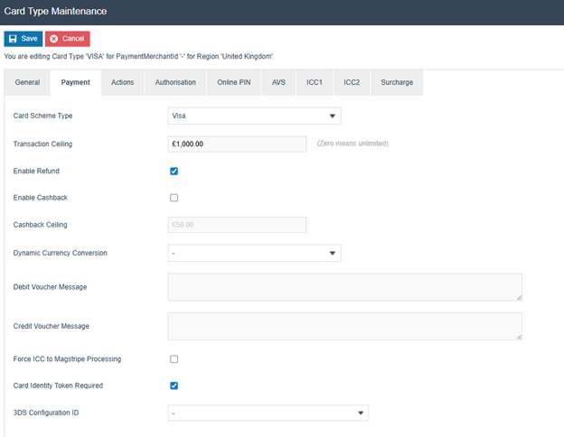 Card Type Maintenance Payment tab for VISA. Card Scheme Type is 'Visa', Transaction Ceiling is '1,000.00', Enable Refund is checked, Enable Cashback is unchecked.