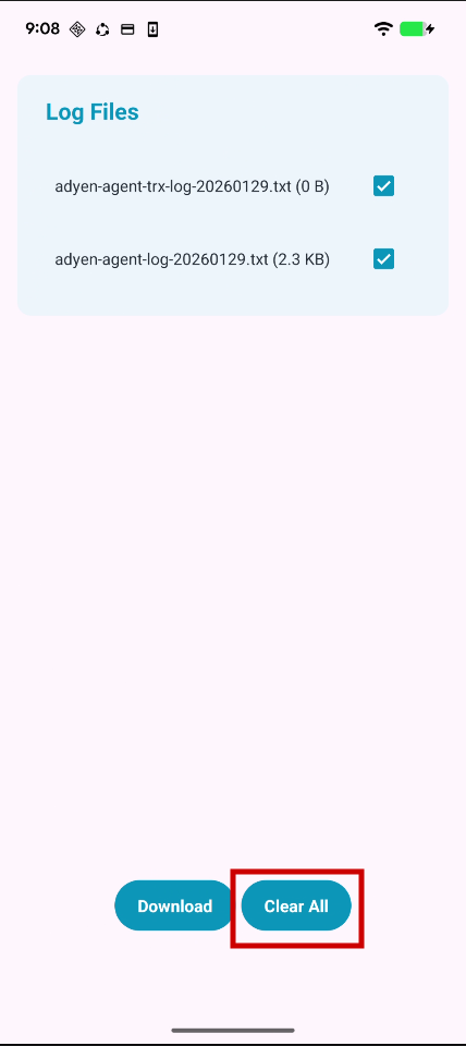Adyen Agent Log Files screen with two log files listed and the Clear All button highlighted.