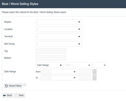 Best / Worst Selling Styles by Value filter screen with Region, Location, Terminal, and MM Group dropdowns, Top and Bottom set to 10, and Date Range fields.