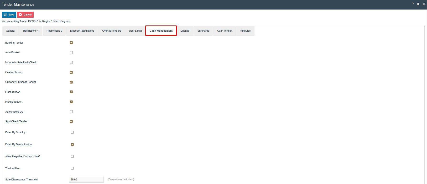 Tender Maintenance - Cash Management tab showing checkboxes for Float Tender, Cash up Tender, Auto Picked Up, Enter by denomination, Allow negative cash up value, and the Terminal Discrepancy Threshold field.