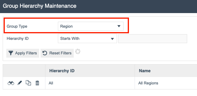 Groups screen filtered to the Region group type