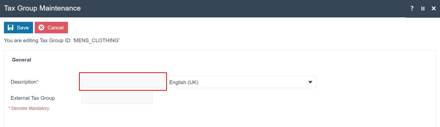 screenshot: Tax Group Maintenance editing MENS_CLOTHING