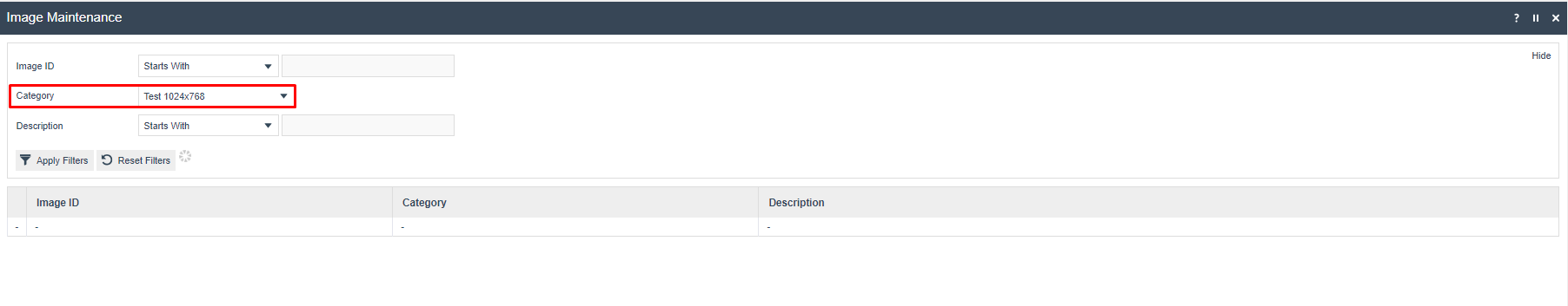Image Maintenance list filtered by category Test 1024x768. The list is empty as no images have been uploaded to this category yet.