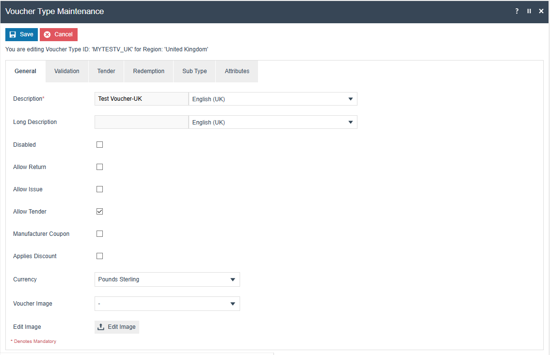 Voucher Type Maintenance General tab with the Allow Tender option selected