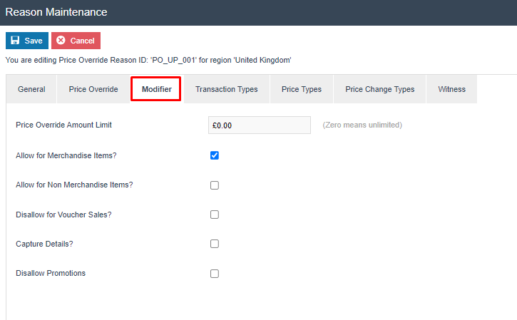 Reason Maintenance Modifier tab for Price Override PO_UP_001. Price Override Amount Limit is 0.00, Allow for Merchandise Items is checked, all others are unchecked.