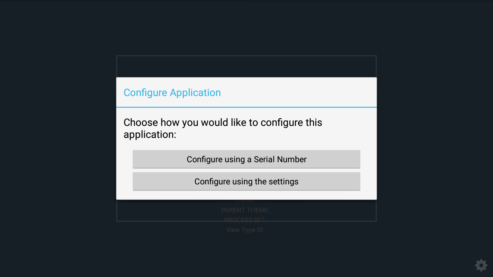 Enactor Mobile POS Configure Application screen on first startup showing two options: Configure using a Serial Number and Configure using the settings.