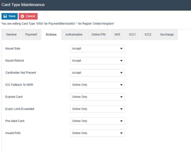 Card Type Maintenance Actions tab for VISA. Keyed Sale, Keyed Refund, and Cardholder Not Present are set to 'Accept'. ICC Fallback To MSR, Expired Card, Expiry Limit Exceeded, Pre-Valid Card, and Invalid PAN are set to 'Online Only'.