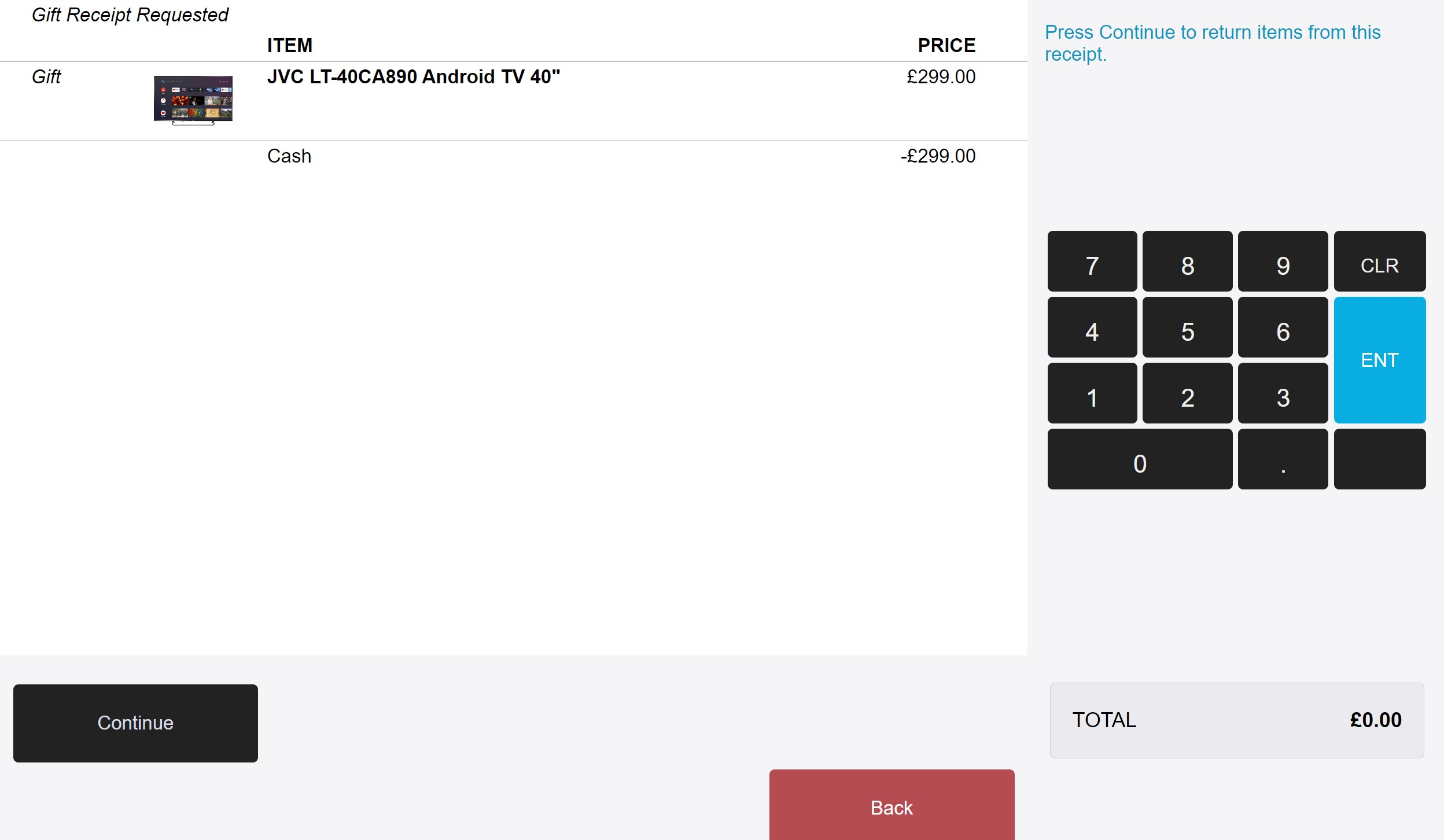 POS return transaction confirmation screen showing the located transaction details ready for return processing