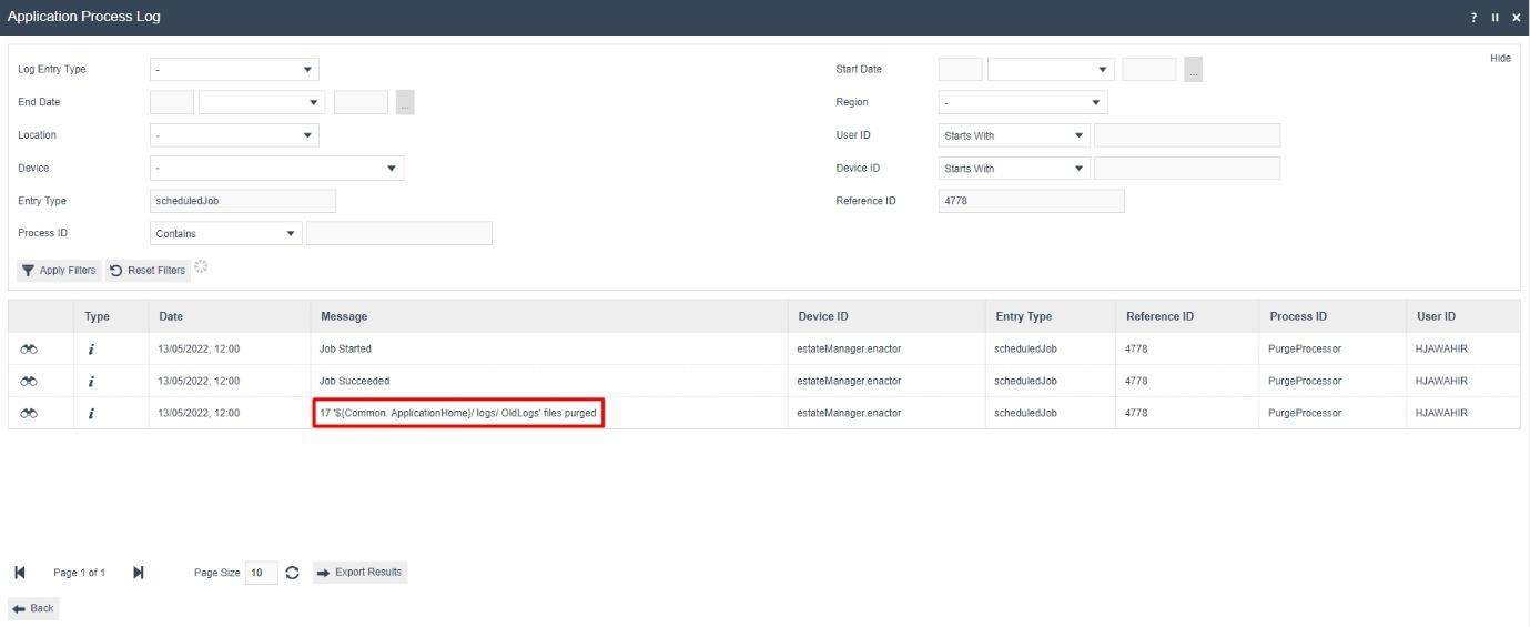Application Process Log showing purge results