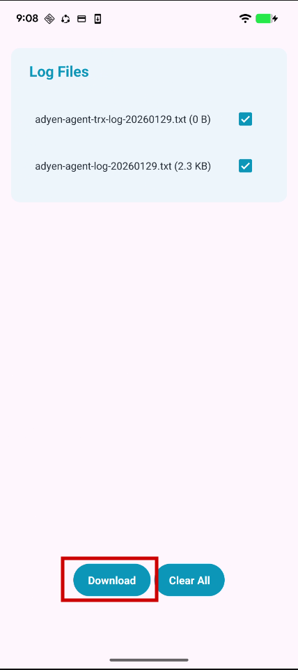 Adyen Agent Log Files screen with adyen-agent-trx-log and adyen-agent-log files selected and the Download button highlighted.