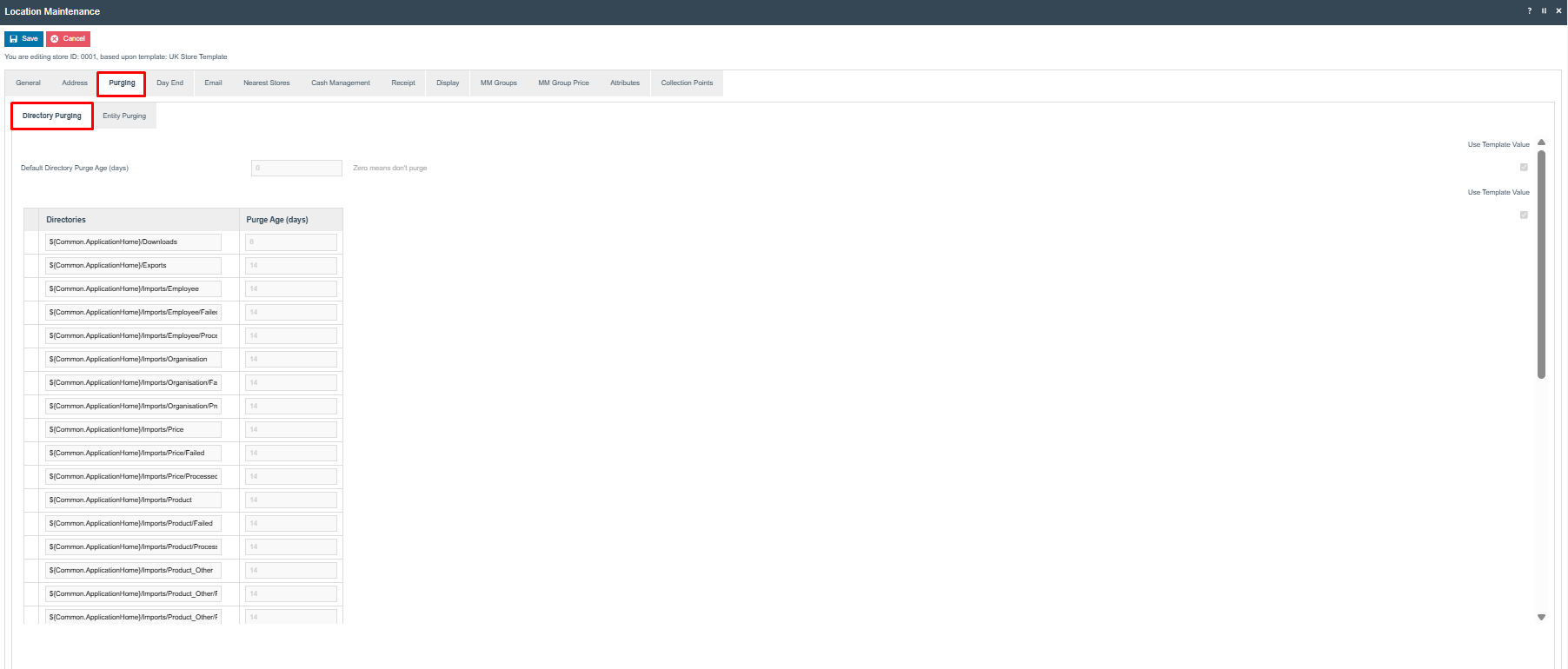 Location Maintenance Purging tab (Directory Purging sub-tab) for store 0001, listing directories such as Downloads, Exports and Imports subfolders each with a Purge Age in days.