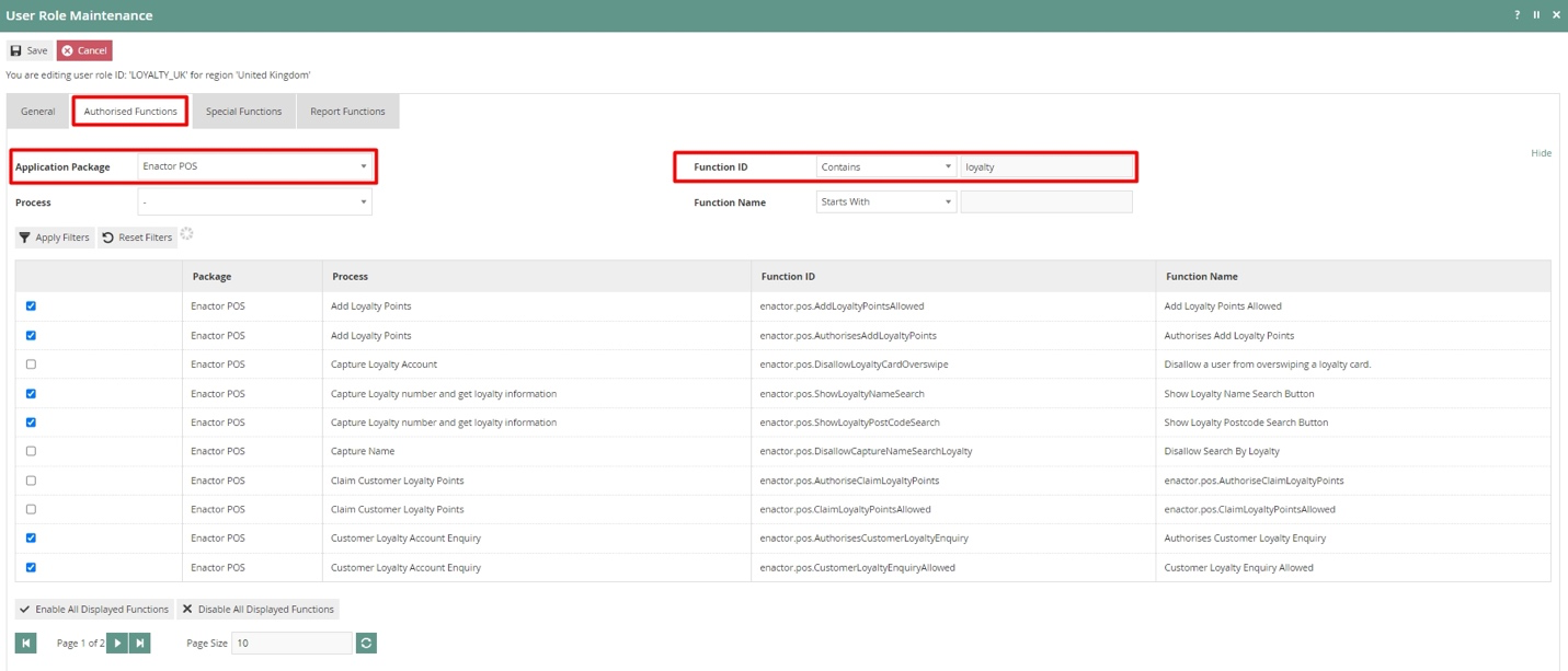 User Role Maintenance Authorised Functions tab filtered by Enactor POS and 'loyalty', showing a list of loyalty-related privileges.