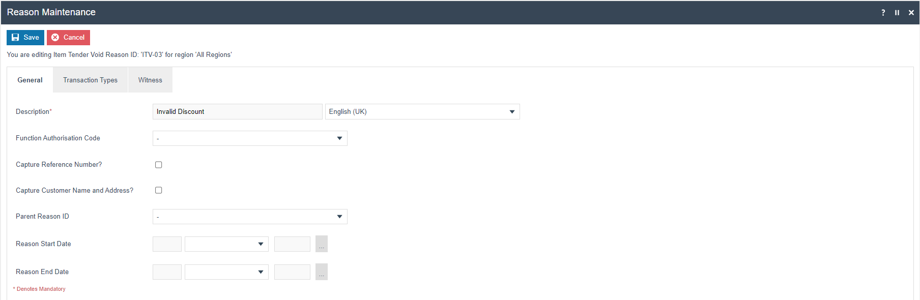 Reason Maintenance General tab for Item Tender Void Reason ITV-03. Description is set to 'Invalid Discount' with locale English (UK).