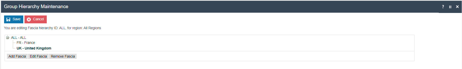Group Hierarchy Maintenance editing Fascia hierarchy ID ALL for region All Regions. Tree shows ALL as root with two nodes: FR - France and UK - United Kingdom.