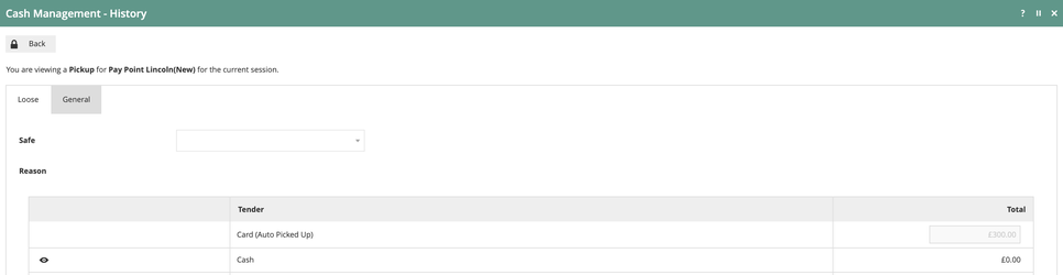 Cash Management History detail showing the auto pickup with Card Auto Picked Up at 300.00 and Cash at 0.00