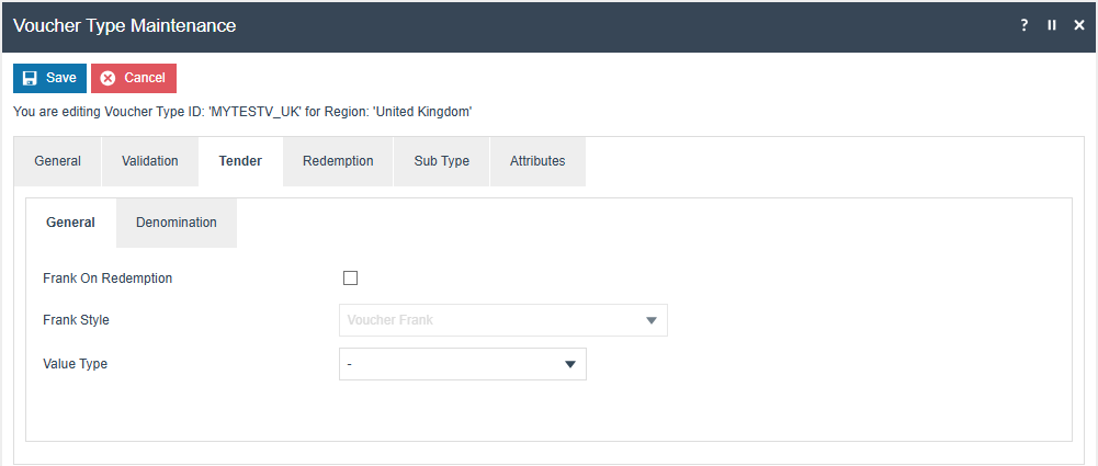 Voucher Type Maintenance Tender General tab showing the Frank at Redemption option