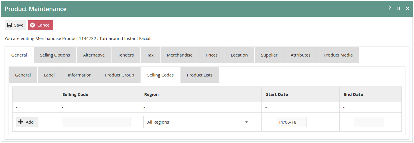 Product Maintenance General tab, Selling Codes sub-tab showing the list of selling codes with the Add option