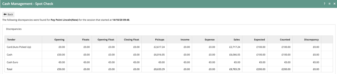 Cash Management Spot Check showing Card expected value of 100.00 and Cash expected value of 100.00