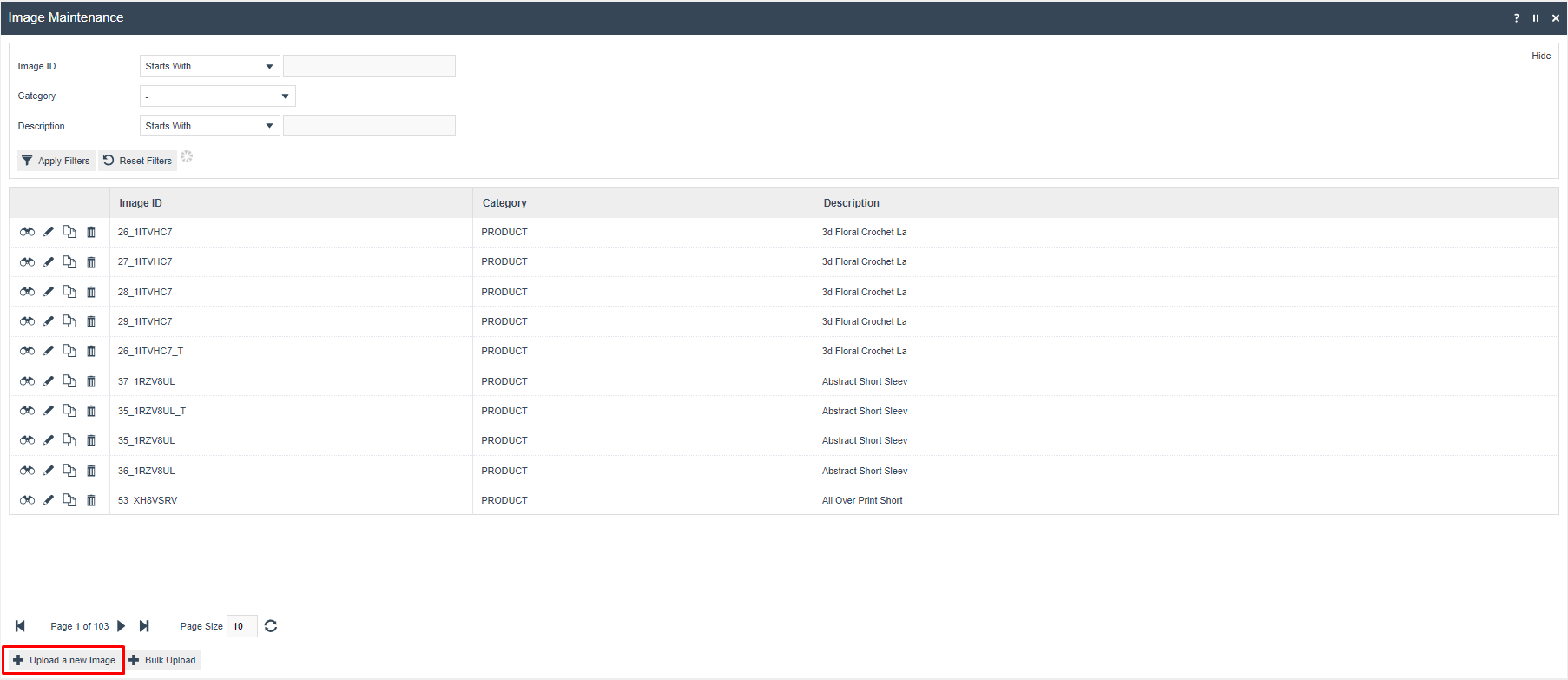 Image Maintenance full list showing product images across all categories. Upload a new image button is highlighted.