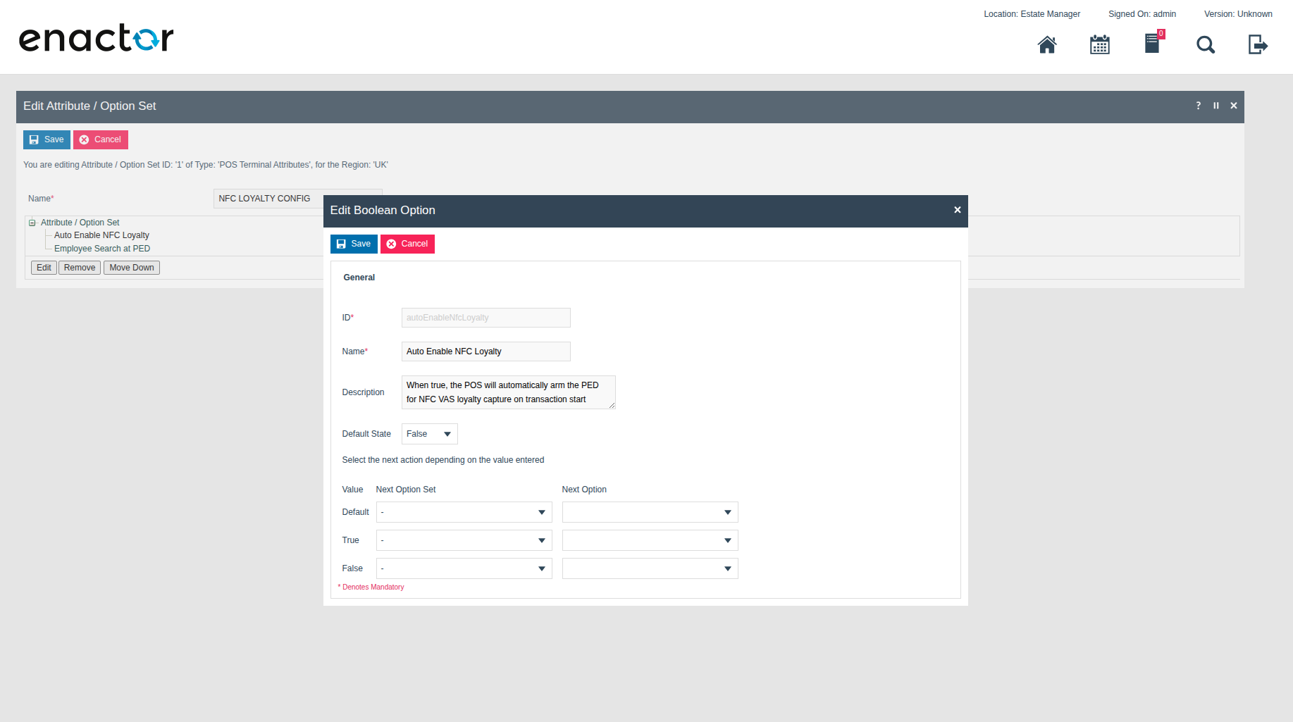 Edit Boolean Option screen for autoEnableNfcLoyalty, with Name set to Auto Enable NFC Loyalty and Default State set to False