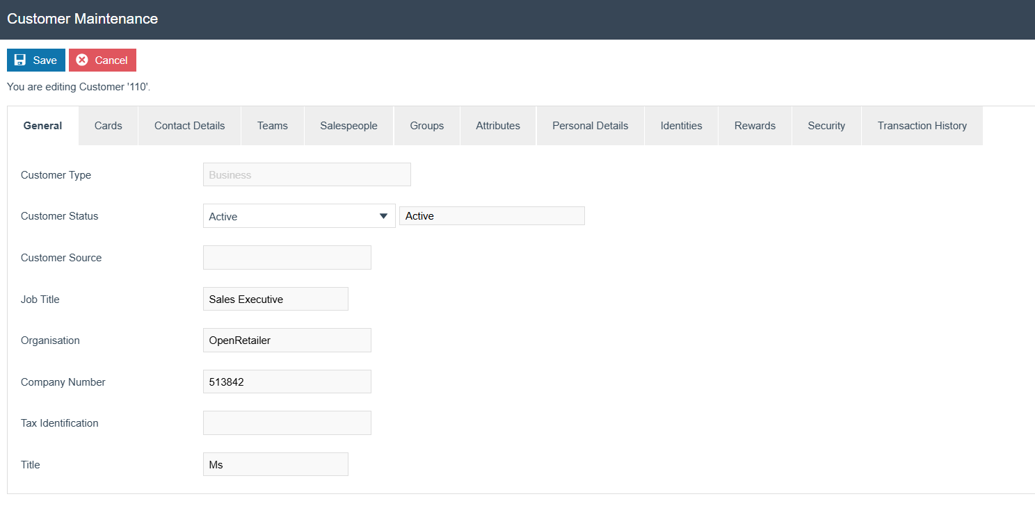 Customer Maintenance General tab for Customer 110. Customer Type is Business, Customer Status is Active, Organisation is OpenRetailer.