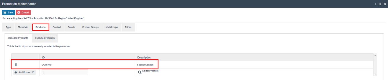 Included Products tab showing COUP001 (Special Coupon) added to the Item Set.