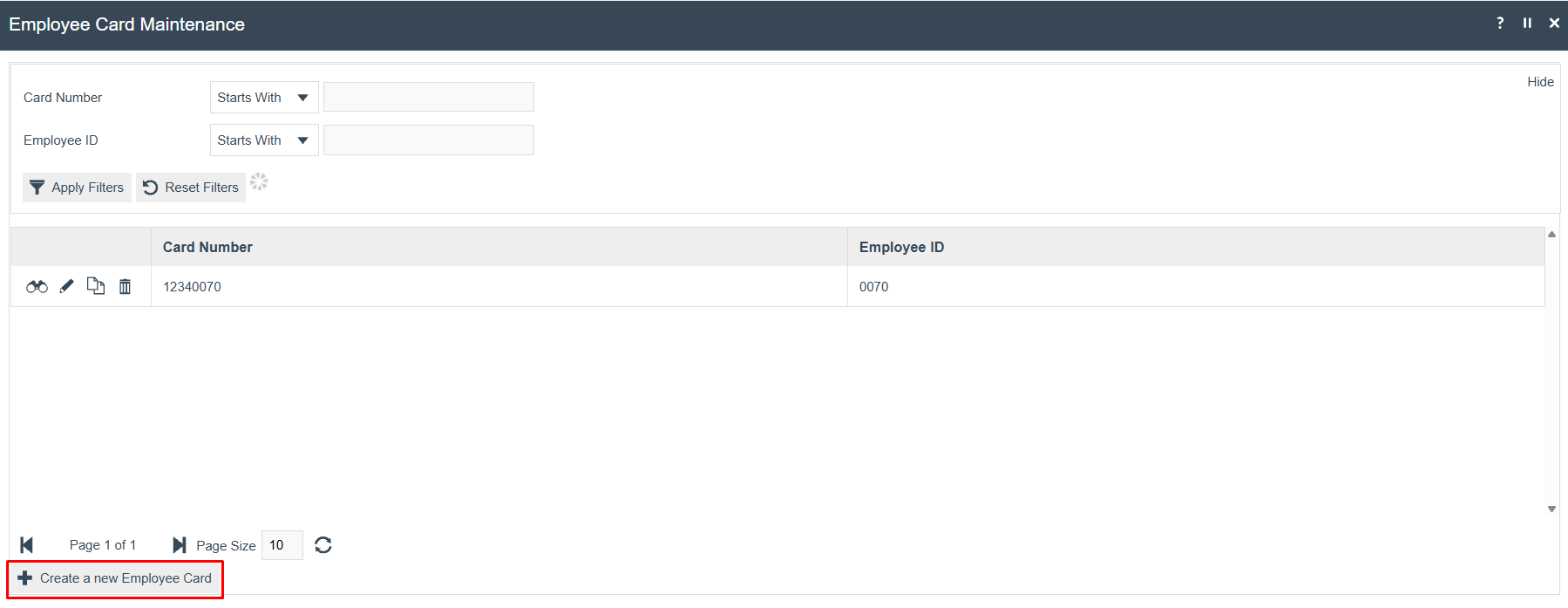 Employee Card Maintenance list showing existing cards and a Create a new Employee Card button.