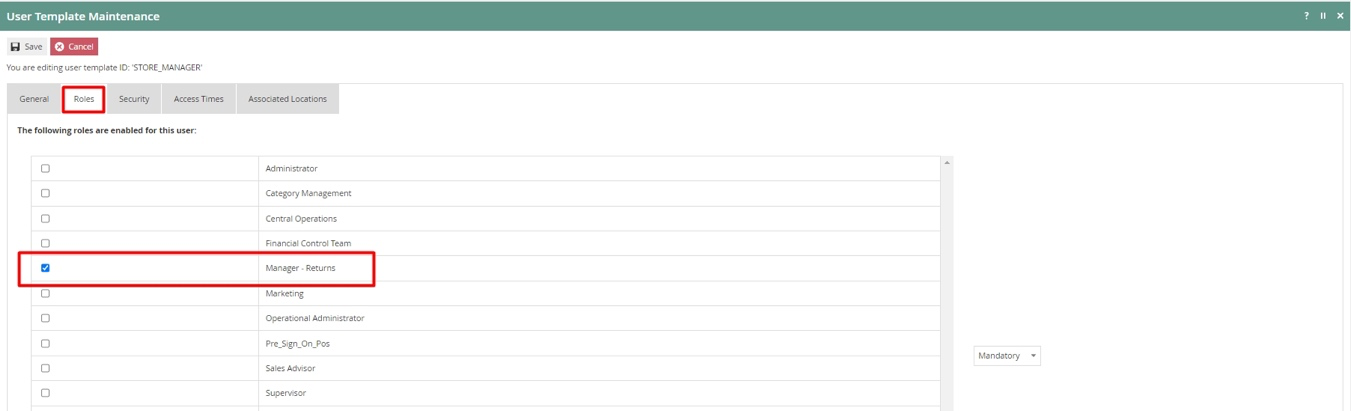 User Template Roles Tab