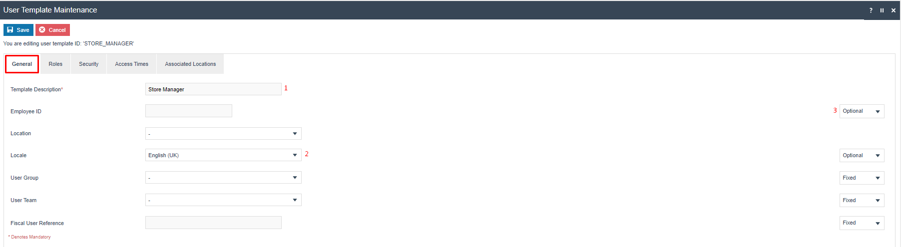 User Template Maintenance General tab for STORE_MANAGER. Template Description is 'Store Manager', Locale is 'English (UK)'.