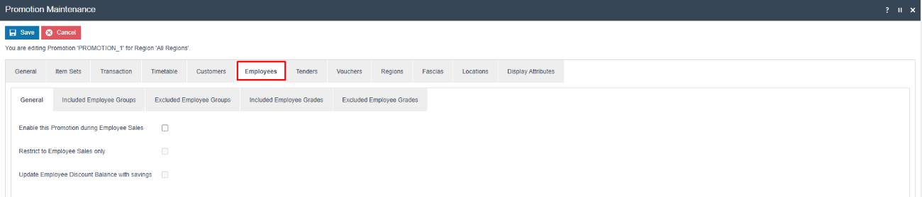 Promotion Maintenance on the Employees - General tab. All three employee options are unchecked.