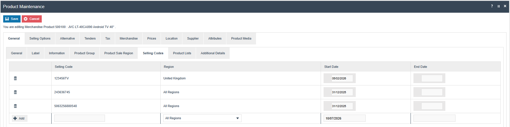 Product Maintenance General tab, Selling Codes sub-tab showing the list of selling codes with the Add option