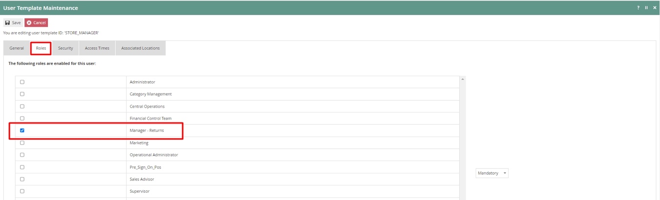 User Template Roles Tab