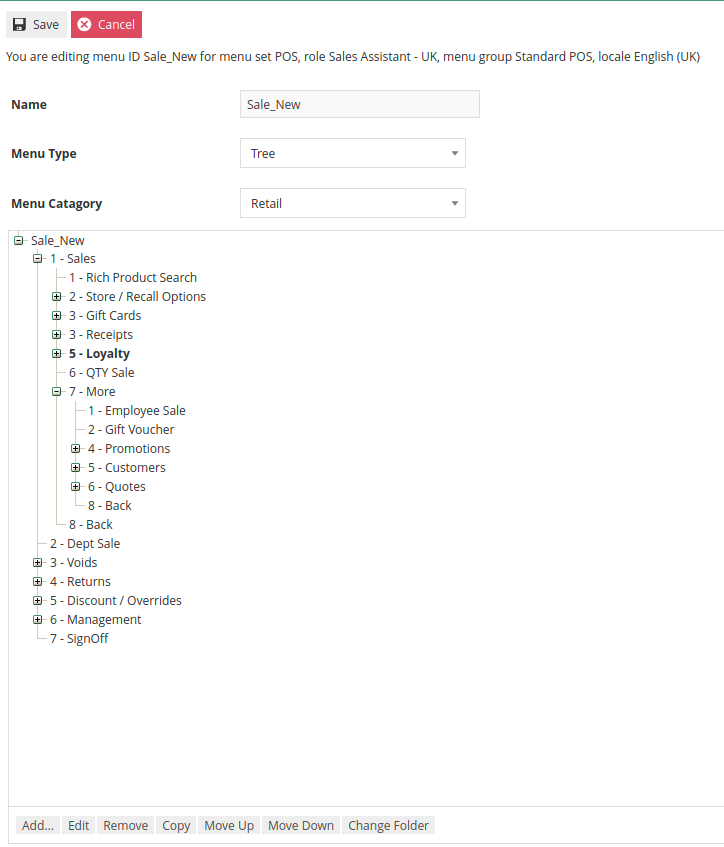 Updated Sale Menu tree with Loyalty Folder at first level