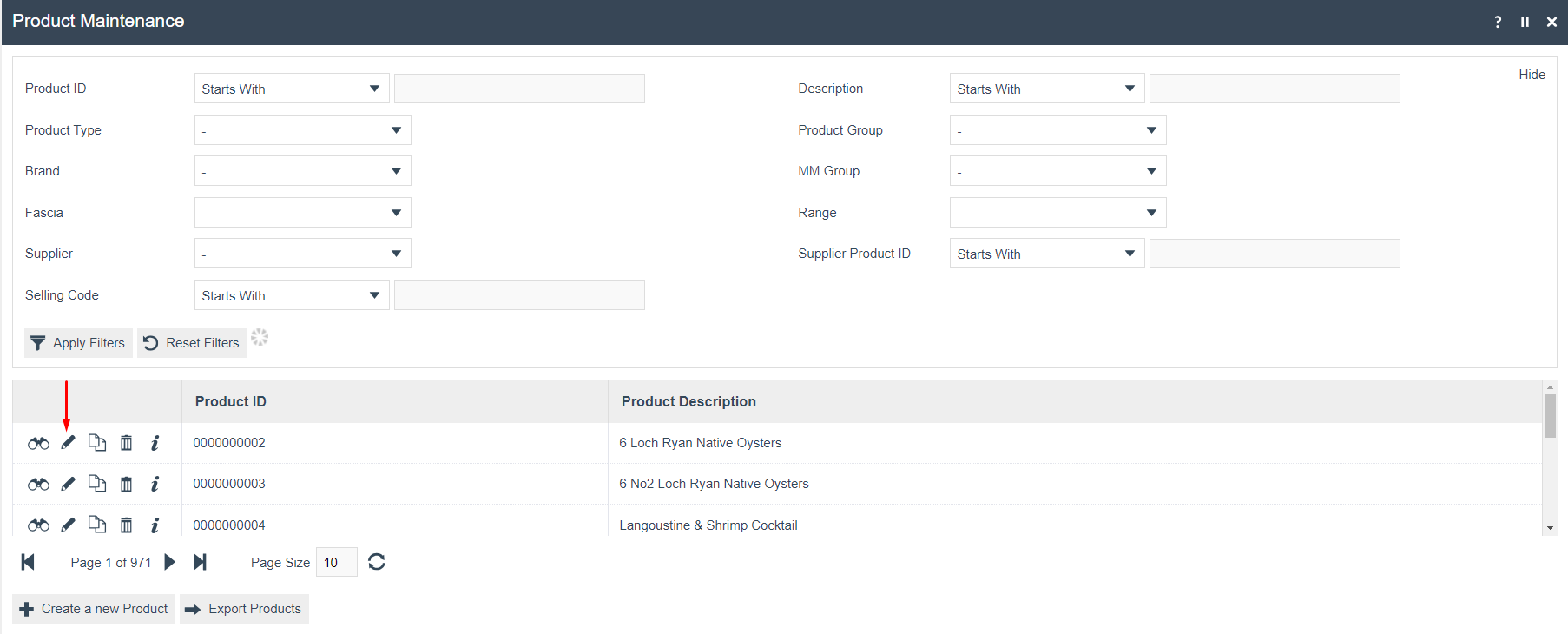 screenshot: Product Maintenance list with Edit icon highlighted