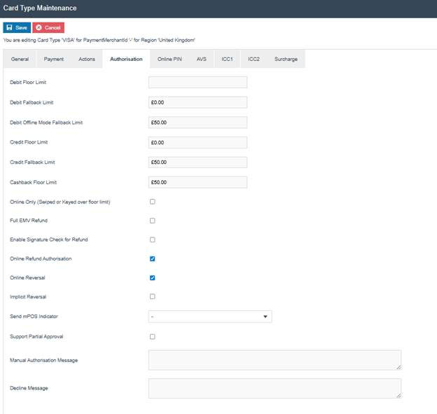 Card Type Maintenance Authorisation tab for VISA. Debit Offline Mode Fallback Limit is '50.00', Credit Fallback Limit is '50.00', Cashback Floor Limit is '50.00'. Online Refund Authorisation and Online Reversal are checked.