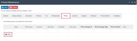 Product Maintenance Prices tab - add a price by measurements