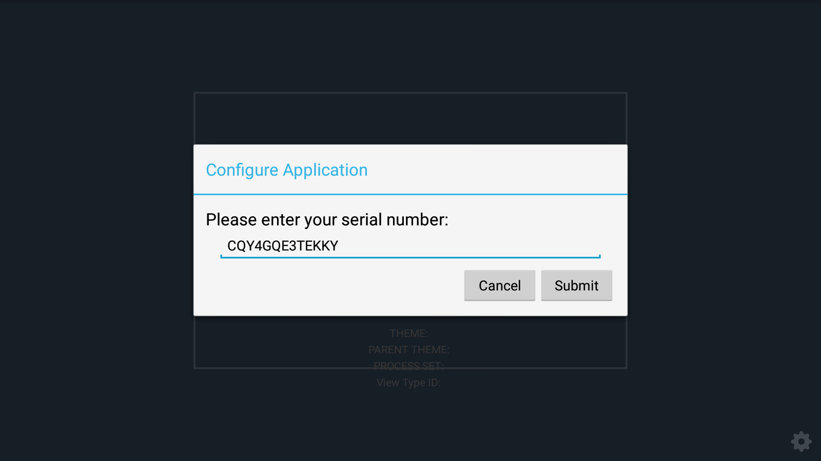 Enactor Mobile POS serial number entry screen with the registration serial number entered and Cancel and Submit buttons.