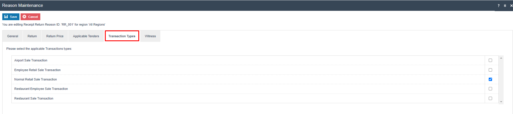 Reason Maintenance Transaction Types tab for RR_001. Normal Retail Sale is checked.