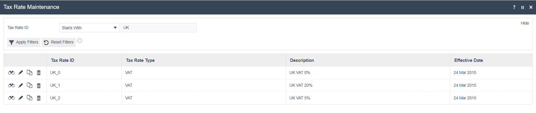 Tax Rate Maintenance list showing three UK VAT rates: UK_0 (0%), UK_1 (20%), UK_2 (5%).