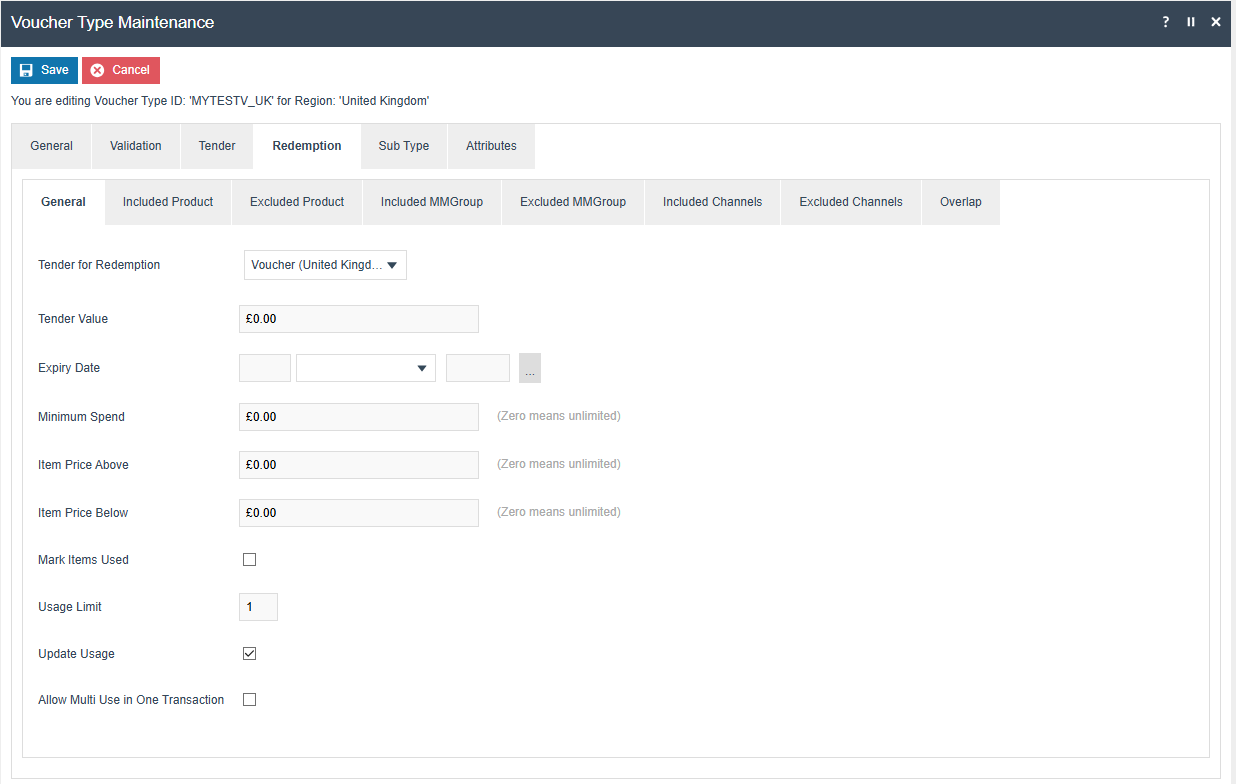 Voucher Type Maintenance Redemption General tab showing Tender for Redemption dropdown and Tender Value field