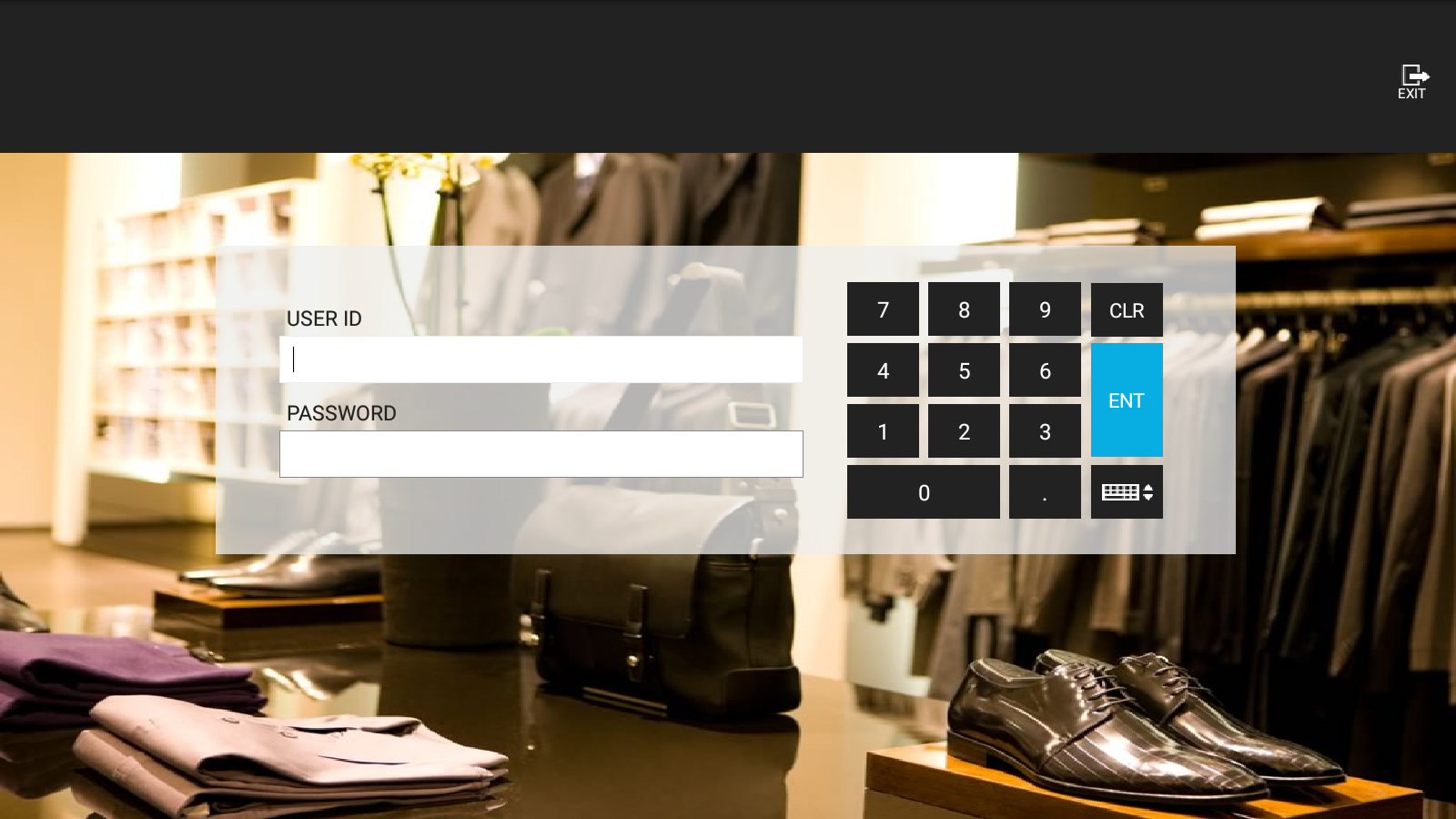 Enactor Mobile POS logon screen showing User ID and Password fields with a numeric keypad, displayed after successful configuration download.