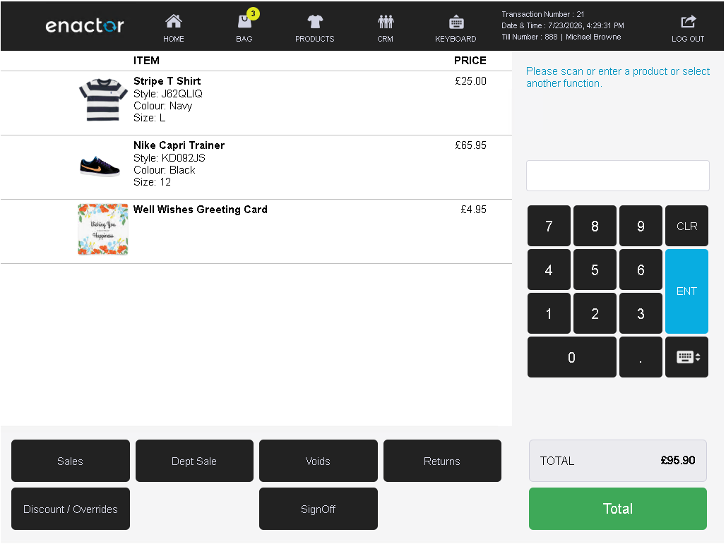 POS basket with the same items as before but no coupon product added, and no promotion discount applied.