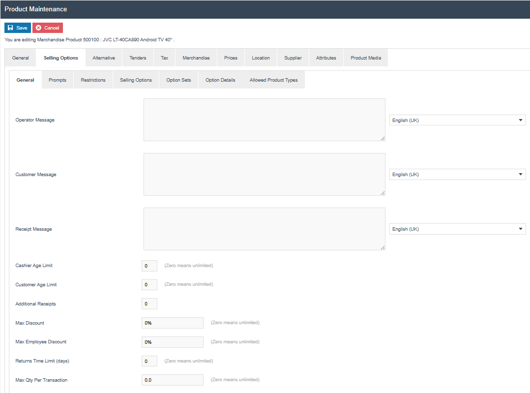 Product Maintenance Selling Options tab, General sub-tab showing message, age restriction and limit configuration fields
