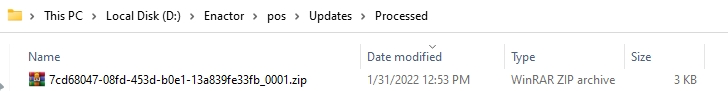 Windows Explorer Processed folder showing a single zip file ending in _0001 containing all region Tender configurations.