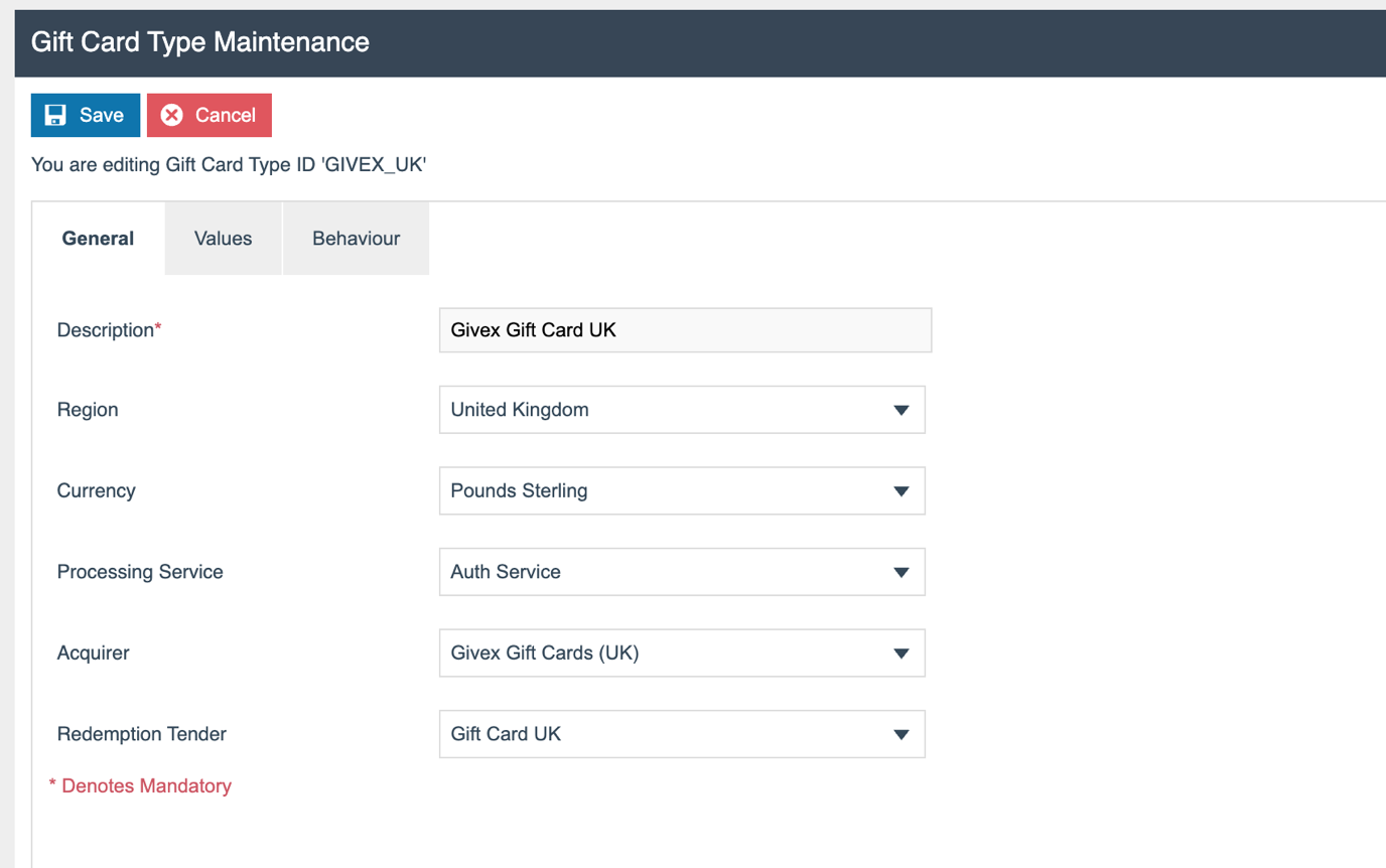 Gift Card Type Maintenance - General tab showing Description, Region, Currency, Processing Service, Acquirer, and Redemption Tender fields