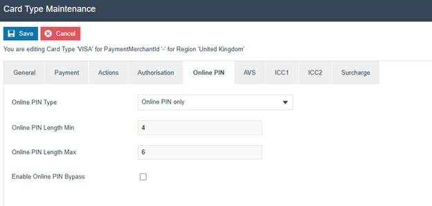 Card Type Maintenance Online PIN tab for VISA. Online PIN Type is 'Online PIN only', PIN Length Min is 4, PIN Length Max is 6, Enable Online PIN Bypass is unchecked.